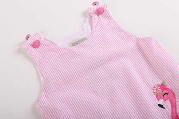 Pink Seersucker Flamingo Ruffle Dress