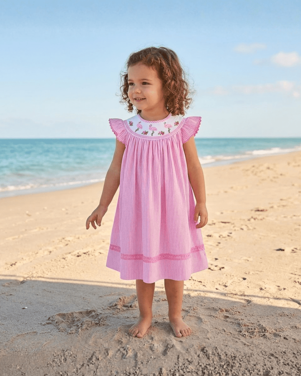 Pink striped flamingo smocked bishop dress for babies, perfect for summer outings and special occasions.