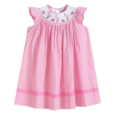 Pink striped flamingo smocked bishop dress for babies, perfect for summer outings and special occasions.