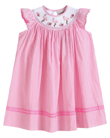 Pink Striped Flamingo Smocked Bishop Dress