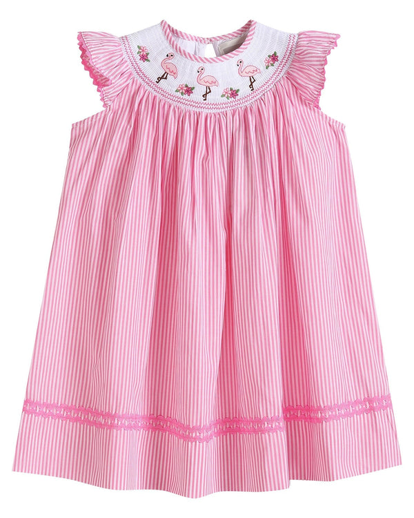 Pink Striped Flamingo Smocked Bishop Dress
