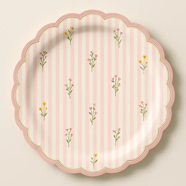 Pink Striped Scalloped Dinner Plate Pink Floral HG