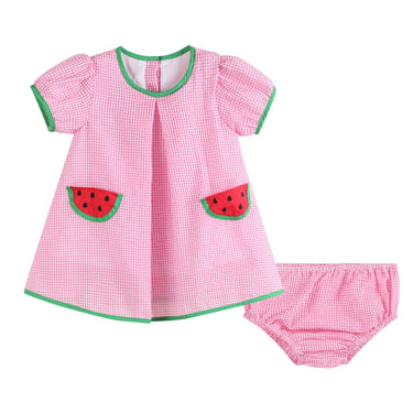Pink watermelon dress and panty cover set for babies, perfect for summer outfits and playful occasions.
