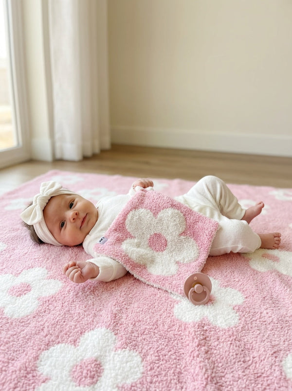 Pink Daisy Plush Lovey for babies, soft and cuddly, perfect for comfort and companionship.