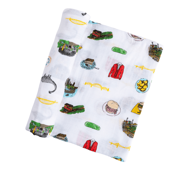 GiftSet: Pittsburgh Baby Muslin Swaddle Blanket and Burp Cloth/Bib Combo Baby Shower Essential for Newborn