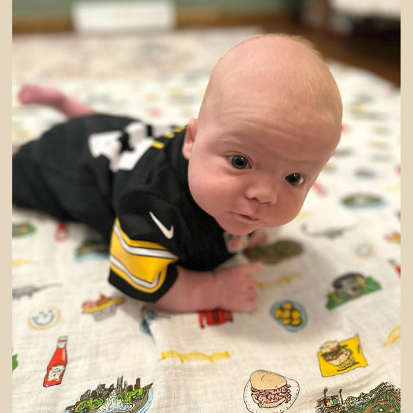 GiftSet: Pittsburgh Baby Muslin Swaddle Blanket and Burp Cloth/Bib Combo Baby Shower Essential for Newborn