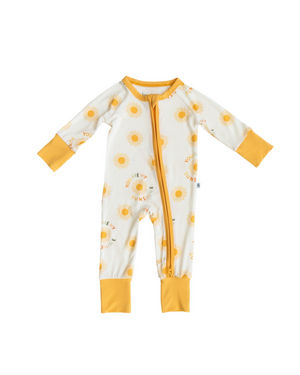 You Are My Sunshine Zipper Lounger for babies, cozy loungewear in a playful design, shown from angle 2.