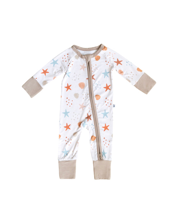 Sandy Toes Zipper Lounger for babies in cozy loungewear, shown from angle 2, perfect for comfort and style.