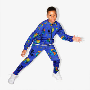 "Baby 'Planets' printed jacket in angle 3 view, featuring a colorful space theme design."