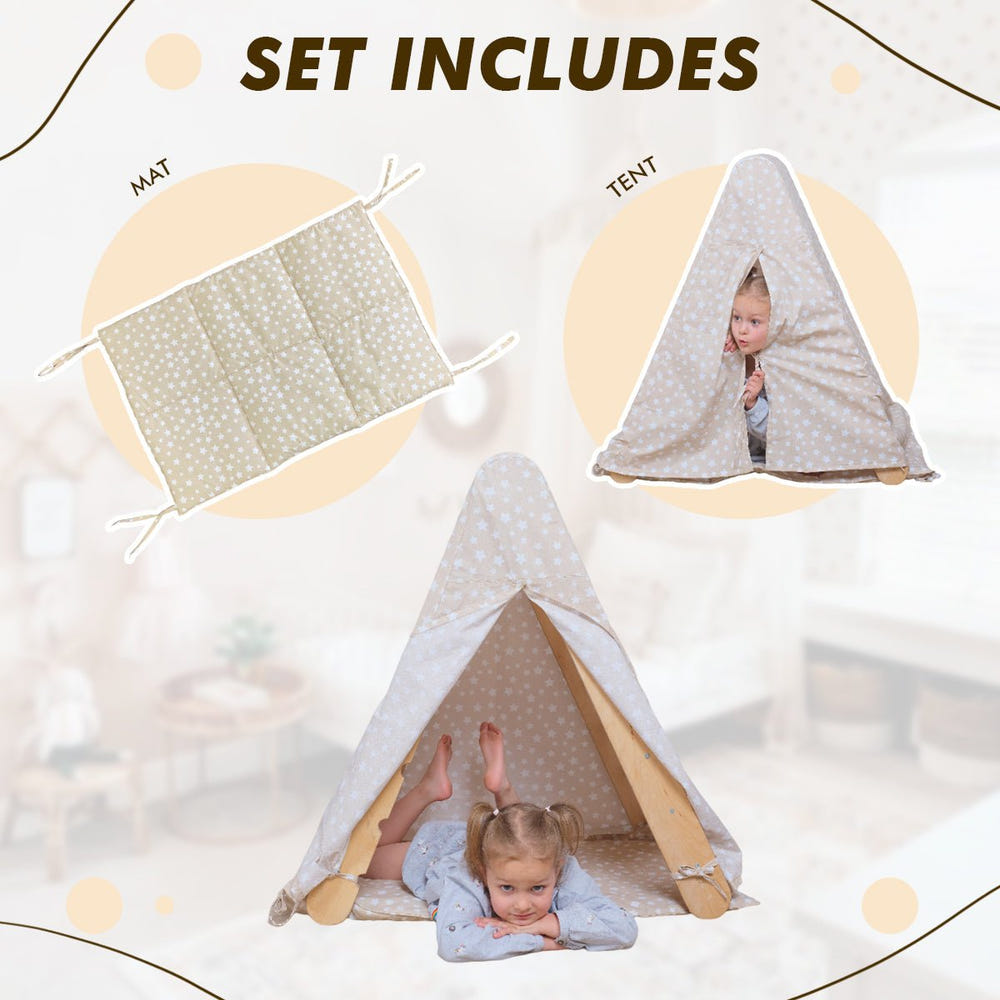 Play tent cover with mat for climbing triangle ladder, perfect for indoor play and exploration.
