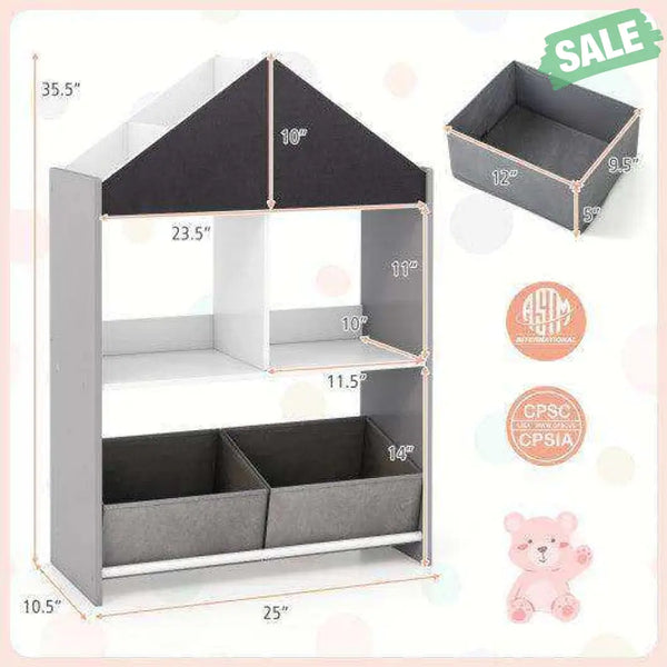 Playhouse Kids Bookshelf with Chalkboard and Whiteboard for 3-6 Years-Gray Gray Kids Storage