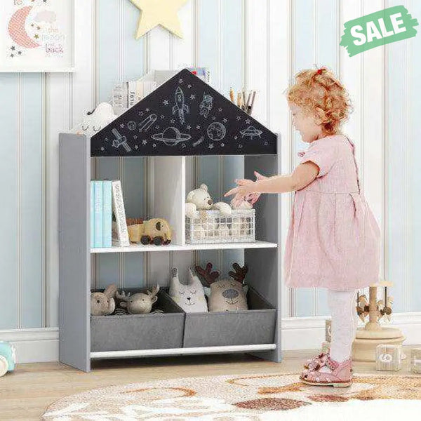 Playhouse Kids Bookshelf with Chalkboard and Whiteboard for 3-6 Years-Gray Gray Kids Storage