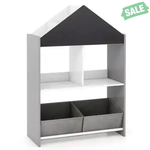 Playhouse Kids Bookshelf with Chalkboard and Whiteboard for 3-6 Years-Gray Gray Kids Storage