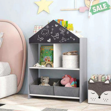Playhouse Kids Bookshelf with Chalkboard and Whiteboard for 3-6 Years-Gray Gray Kids Storage