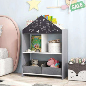Playhouse Kids Bookshelf with Chalkboard and Whiteboard for 3-6 Years-Gray Gray Kids Storage