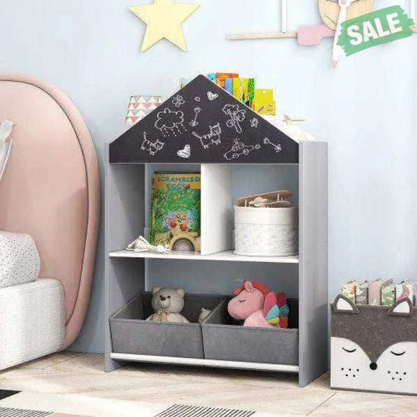 Playhouse Kids Bookshelf with Chalkboard and Whiteboard for 3-6 Years-Gray Gray Kids Storage
