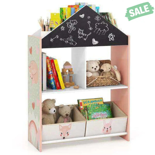 Playhouse Kids Bookshelf with Chalkboard and Whiteboard for 3-6 Years-Gray Gray Kids Storage