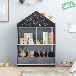 Playhouse Kids Bookshelf with Chalkboard and Whiteboard for 3-6 Years-Gray Gray Kids Storage
