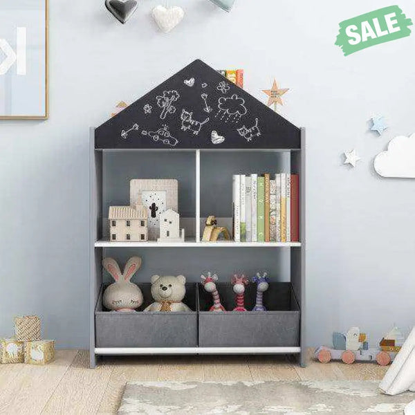 Playhouse Kids Bookshelf with Chalkboard and Whiteboard for 3-6 Years-Gray Gray Kids Storage