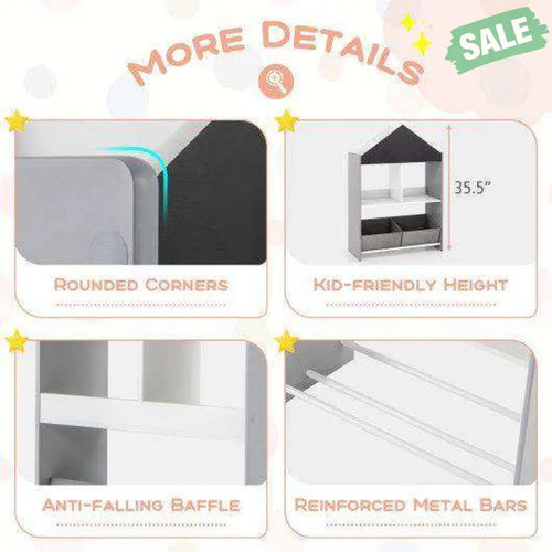 Playhouse Kids Bookshelf with Chalkboard and Whiteboard for 3-6 Years-Gray Gray Kids Storage
