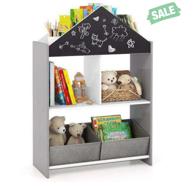 Playhouse Kids Bookshelf with Chalkboard and Whiteboard for 3-6 Years-Gray Gray Kids Storage