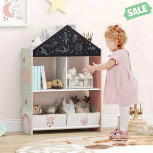 Playhouse Kids Bookshelf with Chalkboard and Whiteboard for 3-6 Years-Pink
