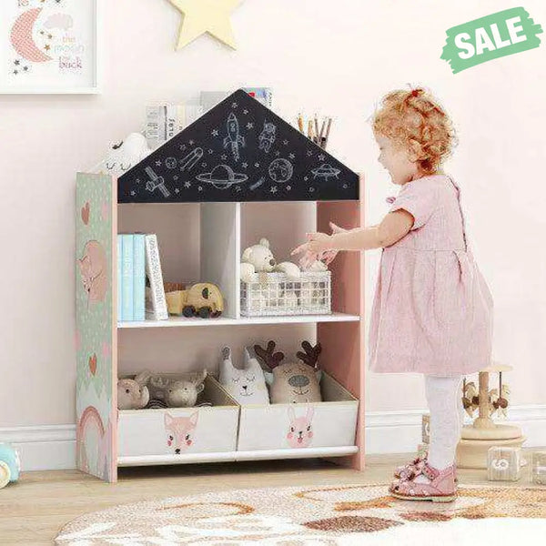 Playhouse Kids Bookshelf with Chalkboard and Whiteboard for 3-6 Years-Pink