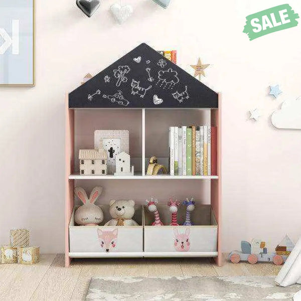 Playhouse Kids Bookshelf with Chalkboard and Whiteboard for 3-6 Years-Pink