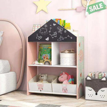 Playhouse Kids Bookshelf with Chalkboard and Whiteboard for 3-6 Years-Pink
