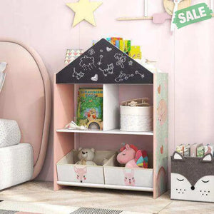 Playhouse Kids Bookshelf with Chalkboard and Whiteboard for 3-6 Years-Pink
