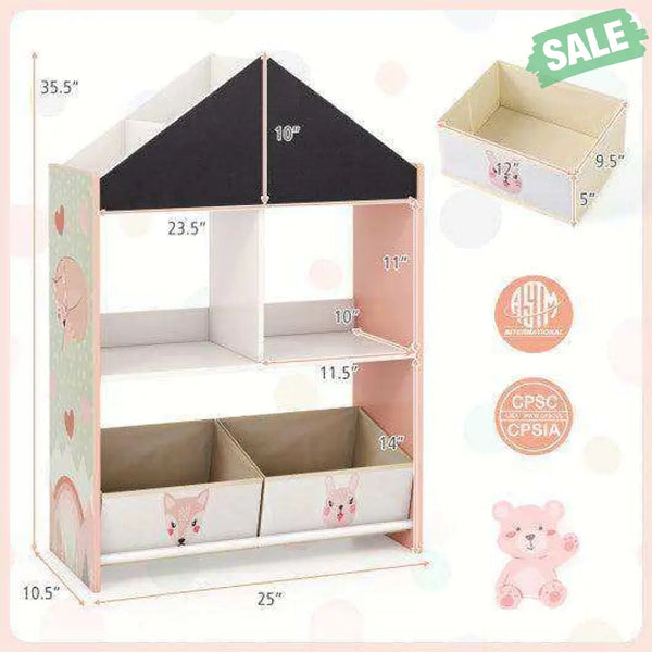 Playhouse Kids Bookshelf with Chalkboard and Whiteboard for 3-6 Years-Pink