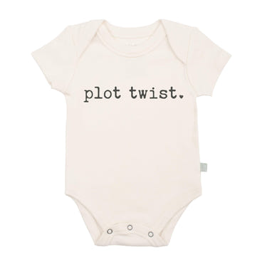 "Graphic bodysuit 'Plot Twist' for babies - stylish short sleeve design, perfect for playful outfits."