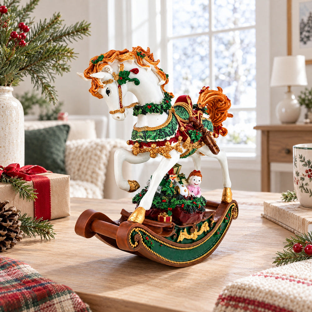 Christmas Horse Musical Figurine Resin Wind Up Holiday Decor 8 Inch