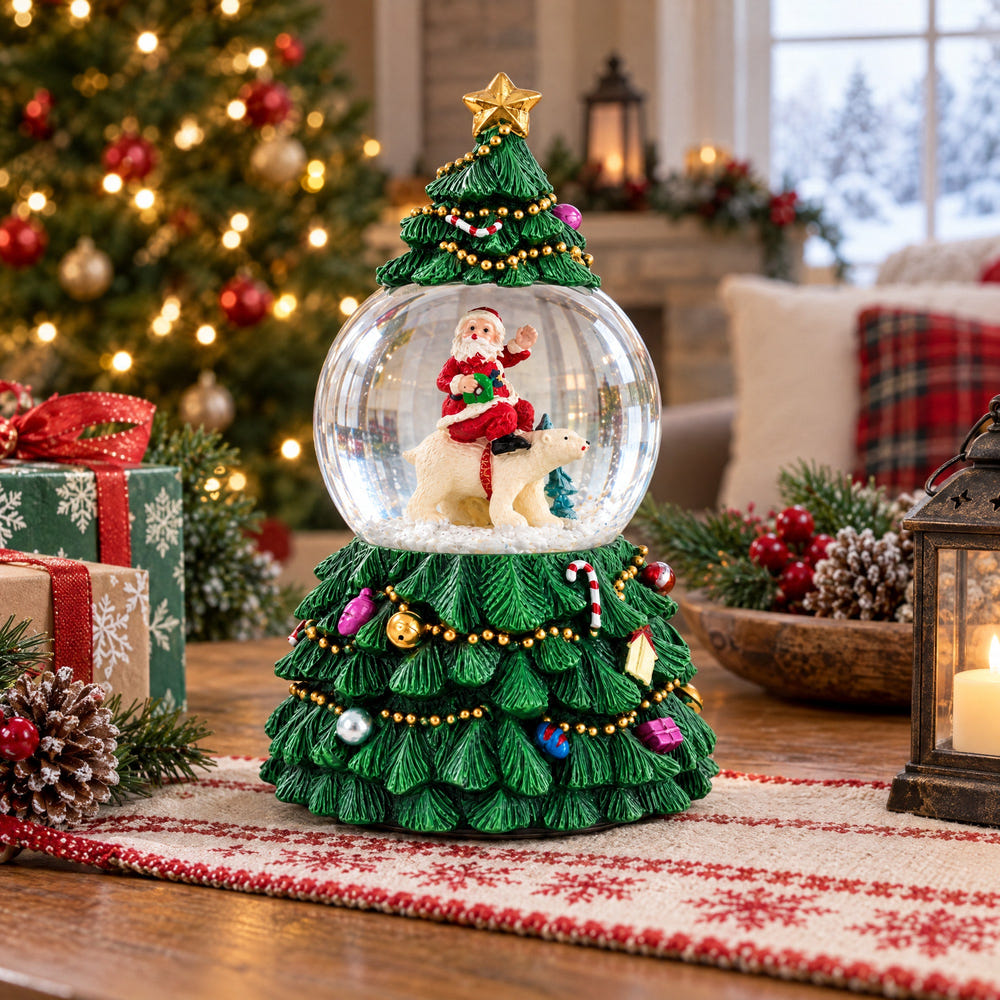 Santa's Riding Polar Bear Spinning Musical Water Snow Globe