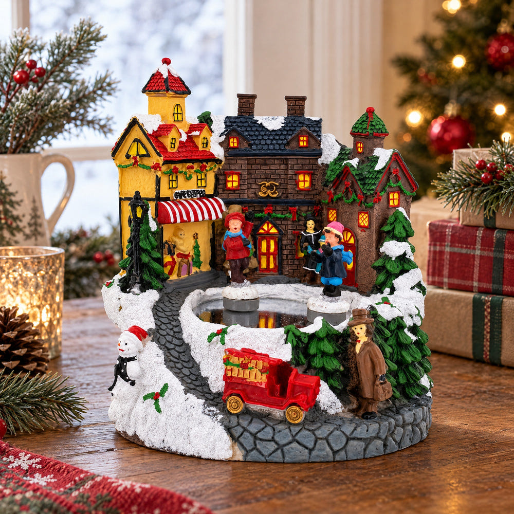 Animated Winter Village Skating Christmas Figurine - Rotating Town Music Box