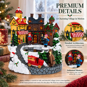 Animated Winter Village Skating Christmas Figurine - Rotating Town Music Box