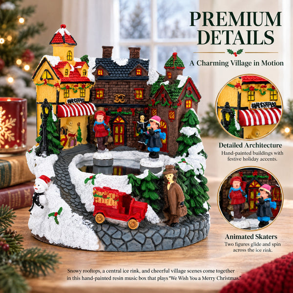 Animated Winter Village Skating Christmas Figurine - Rotating Town Music Box