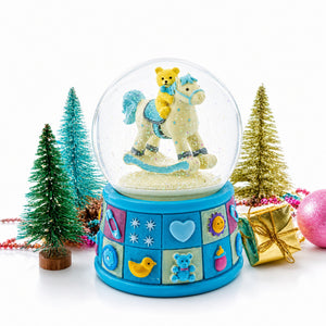 Teddy Bear on Rocking Horse Baby Boy Musical Water Snow Globe