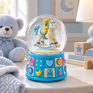 Teddy Bear on Rocking Horse Baby Boy Musical Water Snow Globe