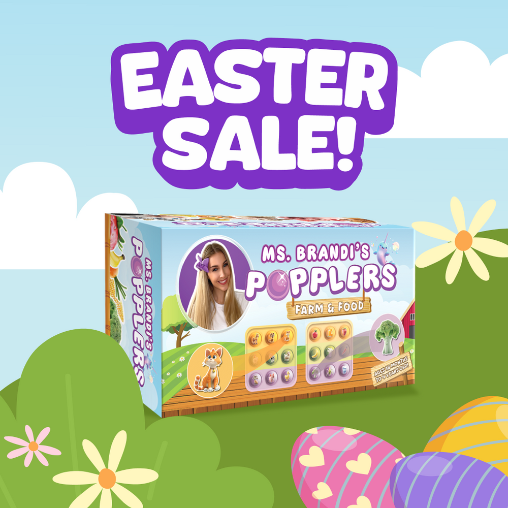 "Popplers Farm & Food toy set for babies, featuring colorful farm animals and play food for interactive fun."