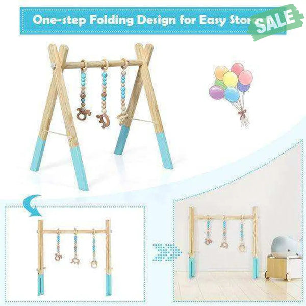 Portable 3 Wooden Newborn Baby Exercise Activity Gym Teething Toys Hanging Bar-Blue Blue Baby Playpen & Playards