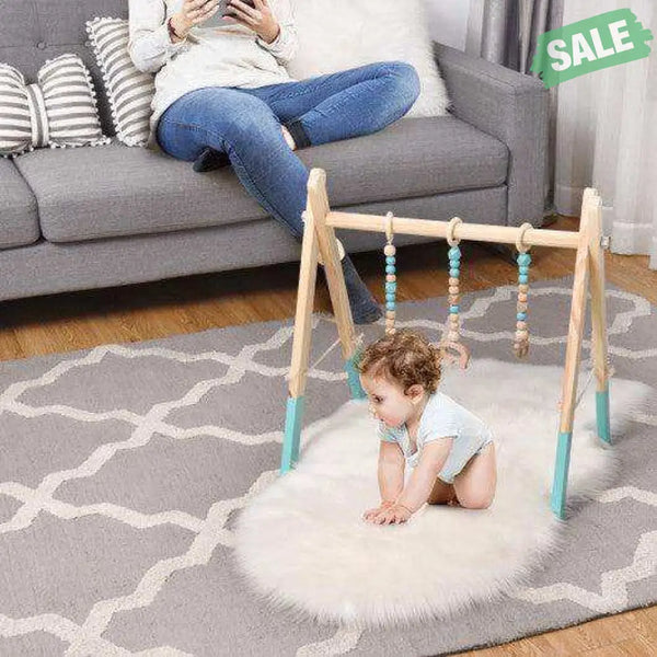 Portable 3 Wooden Newborn Baby Exercise Activity Gym Teething Toys Hanging Bar-Blue Blue Baby Playpen & Playards