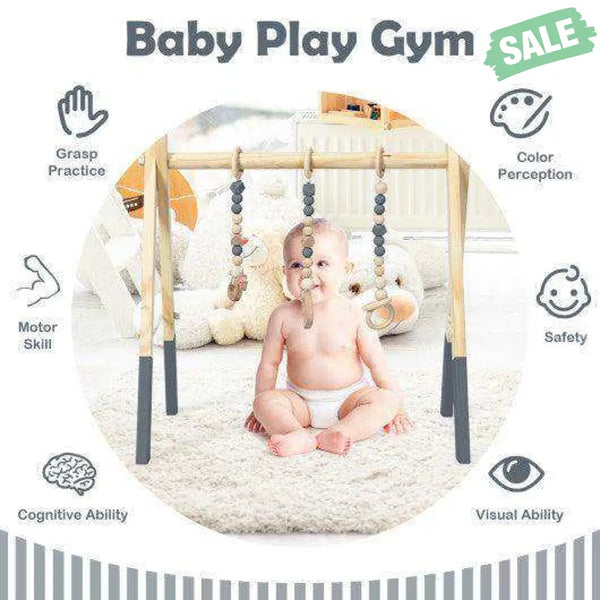 Portable 3 Wooden Newborn Baby Exercise Activity Gym Teething Toys Hanging Bar-Blue Blue Baby Playpen & Playards