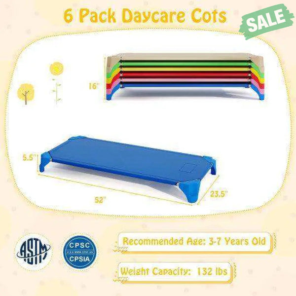 Portable 6 Pack Stackable Daycare Cots Sleeping Bed for Kids 52 Inch-Blue Blue Toddler Beds
