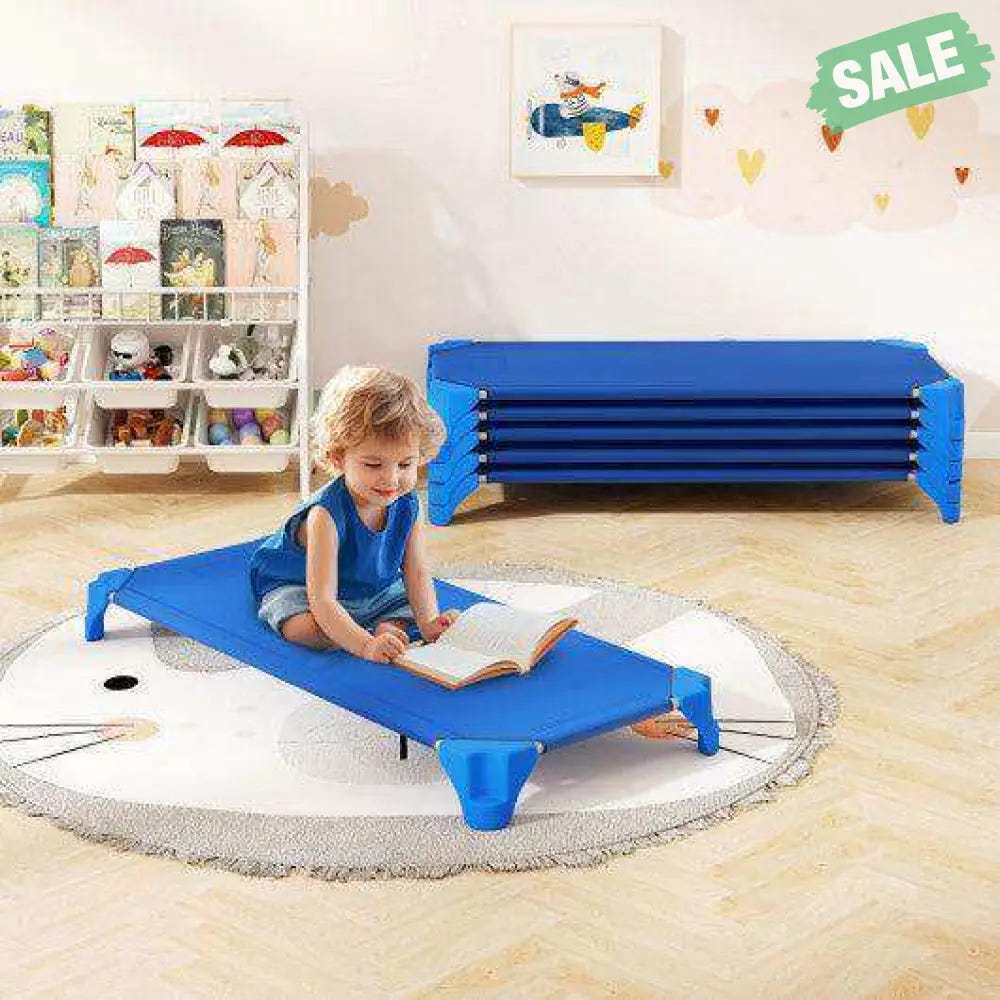 Portable 6 Pack Stackable Daycare Cots Sleeping Bed for Kids 52 Inch-Blue Blue Toddler Beds