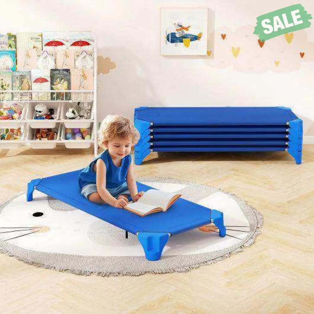 Portable 6 Pack Stackable Daycare Cots Sleeping Bed for Kids 52 Inch-Blue Blue Toddler Beds
