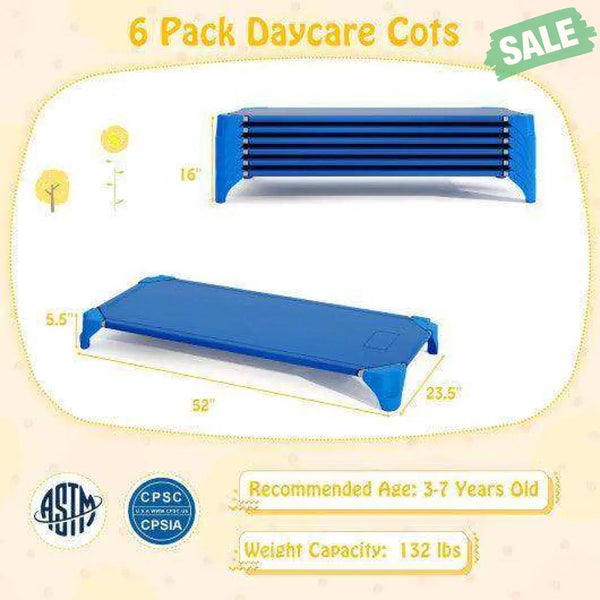 Portable 6 Pack Stackable Daycare Cots Sleeping Bed for Kids 52 Inch-Blue Blue Toddler Beds