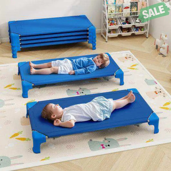 Portable 6 Pack Stackable Daycare Cots Sleeping Bed for Kids 53 Inch-Blue Blue Toddler Beds