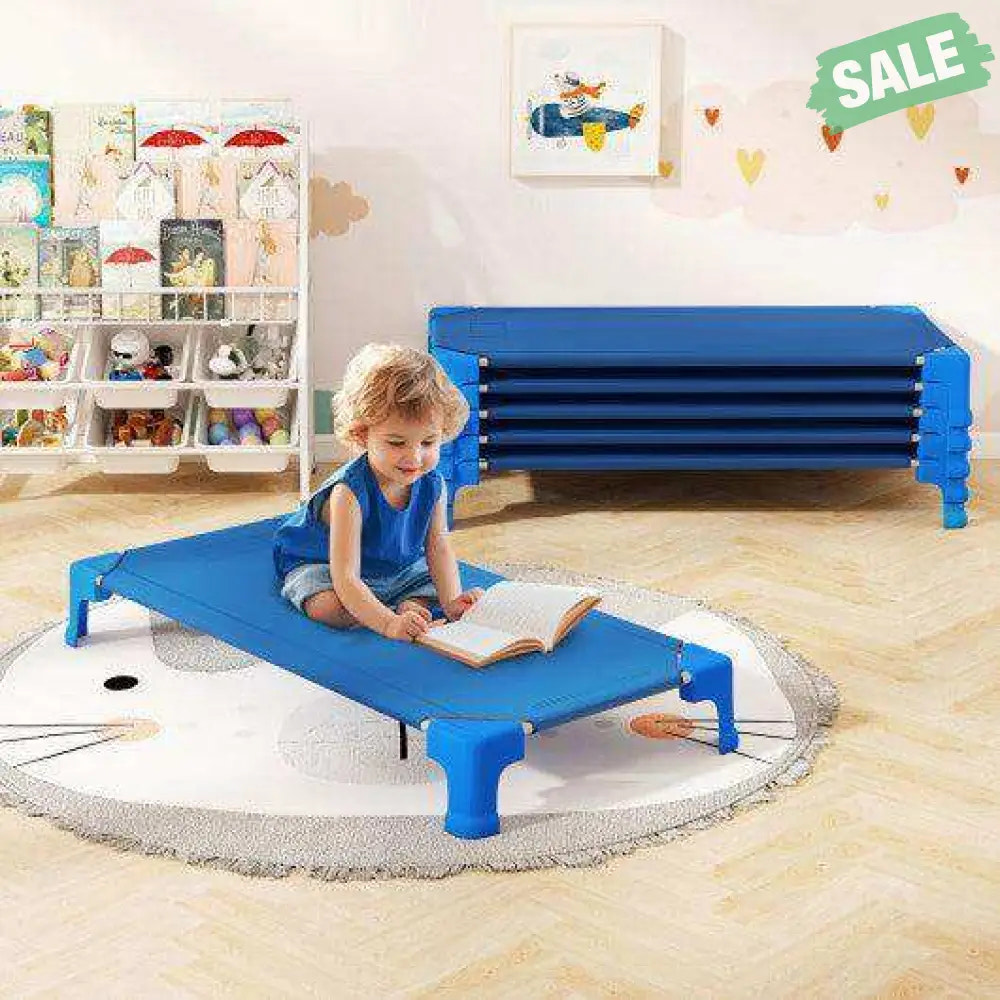 Portable 6 Pack Stackable Daycare Cots Sleeping Bed for Kids 53 Inch-Blue Blue Toddler Beds