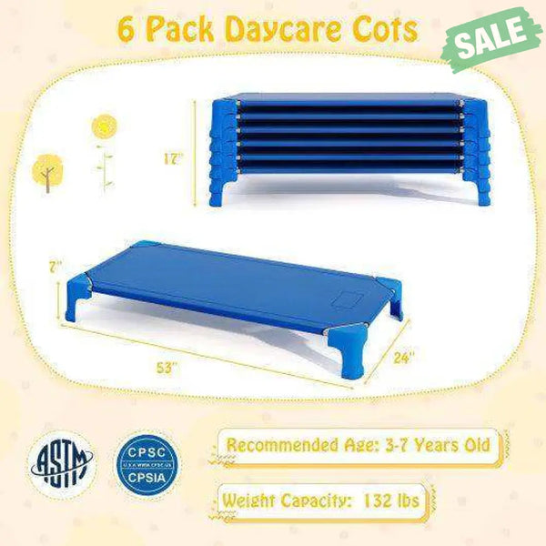 Portable 6 Pack Stackable Daycare Cots Sleeping Bed for Kids 53 Inch-Blue Blue Toddler Beds